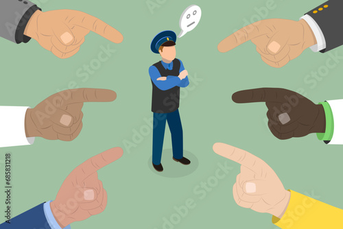 3D Isometric Flat Vector Illustration of Public Blaming a Policeman, Slander and Responsibility
