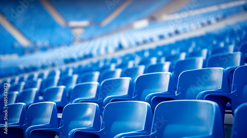 Portrait of empty seats in the tribune. Blue seats of tribune on sport stadium. Chairs for audience, fans, supporter. Generative AI