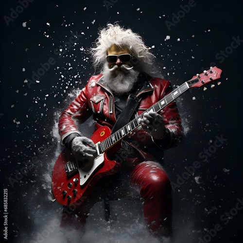 Modern Santa Claus in Rock Punk style with an electric guitar in his hands in a red suit and glasses wishes Happy New Year and Christmas: fictional character, stylish, fashion, screensaver, background