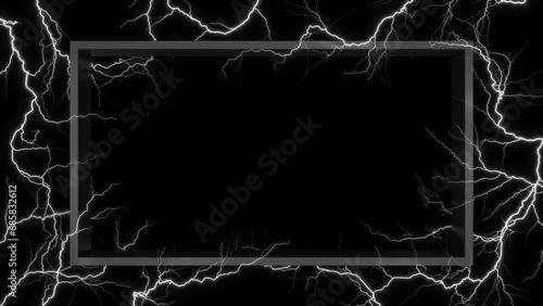 Dark Rectangular 3D Metallic Frame Surrounded by Lightnings for Product Presentation or Flash Sale Background