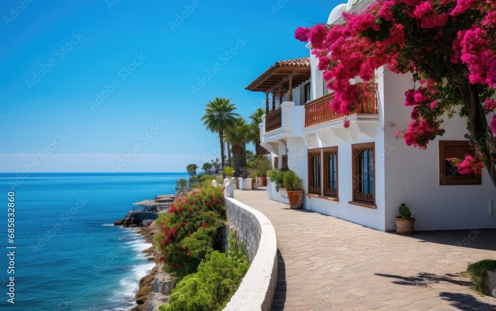 Beautiful spanish villa next to the sea on a sunny day - obrazy, fototapety, plakaty 