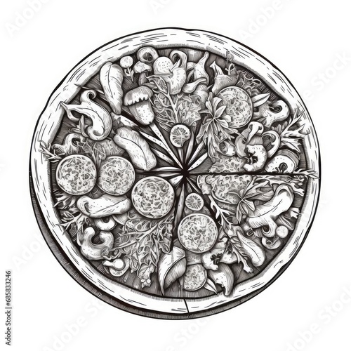 Pizza Sketch, Hand Drawn Pizza Slices, Traditional Pizzeria Engraving Imitation, Sketched Bakery Fast Food