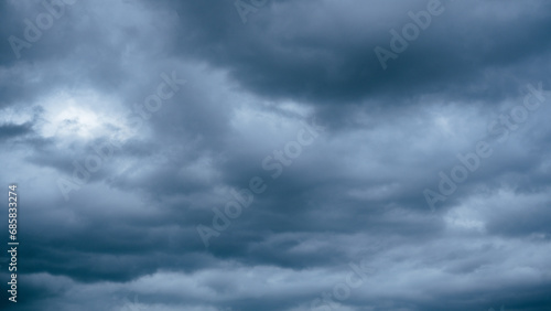 Overcast sky with dark clouds. Dark sky before a thunder-storm. The gray cloud background before rain.