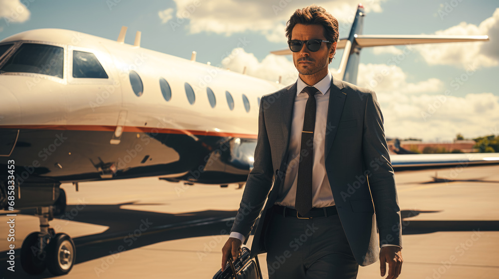 Portrait of a businessman walking from a business jet into a car, flying on an airplane to a business meeting, financial success concept Portrait of a businessman walking from a business jet into a car, flying on an airplane to a business meeting, financial success concept