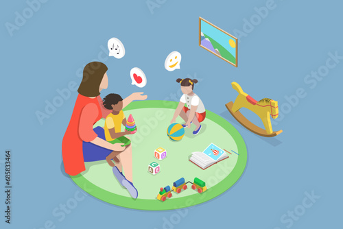 3D Isometric Flat Vector Illustration of Family Nanny, Babysitting and Daycare