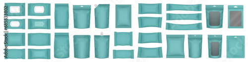 Set of realistic pouch mockups. Aquamarine green flow pack, sachet, zip bag and doypack. Ice cream wrapper. Sheet mask. Soap or wet wipes packaging. Cardboard box with transparent window, hanging hole