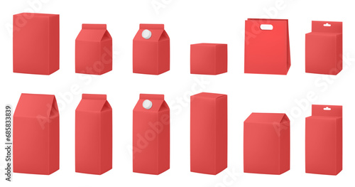 Red boxes for dairy products. Blank cardboard package boxes mockup. Box set. Set of juice or milk cardboard package. Vector mockup set. Realistic carton package with cap. Hanging hole. Shopping bag