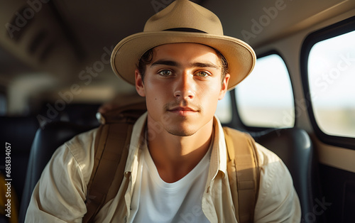 A fair-skinned young guy in a light jacket rides on a bus. Traveling and Tourism Concept.