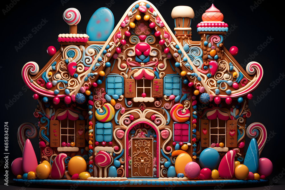 Intricate gingerbread house with vibrant candy details on a dark surface