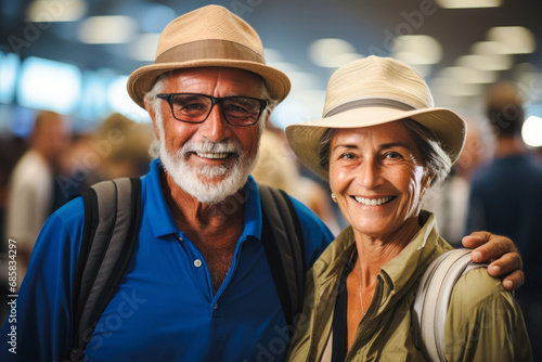 Portrait of an adult happy couple in straw hats checking in for a flight at the airport, advertising concept for seniors traveling to popular destinations