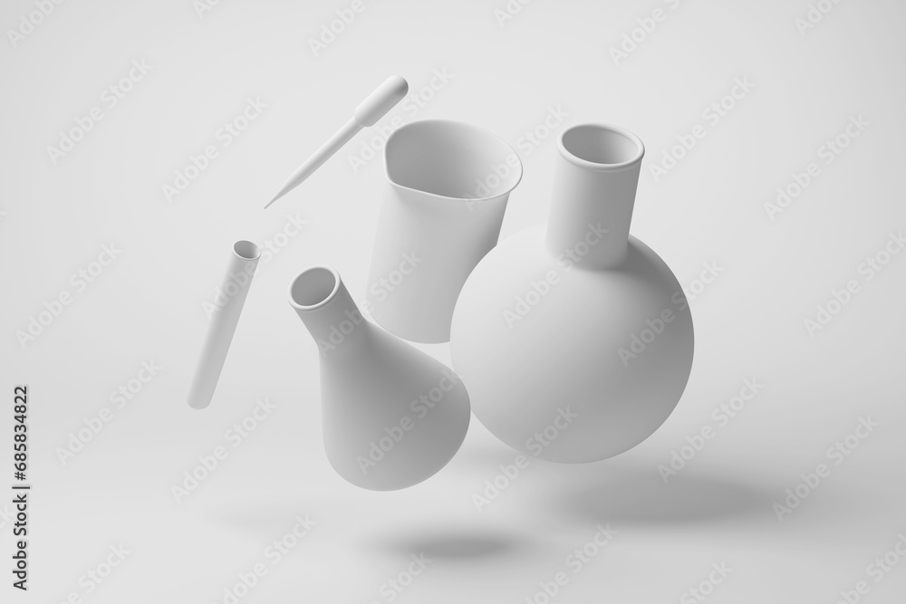 White beaker, test tube, pipette, conical flask and round bottomed