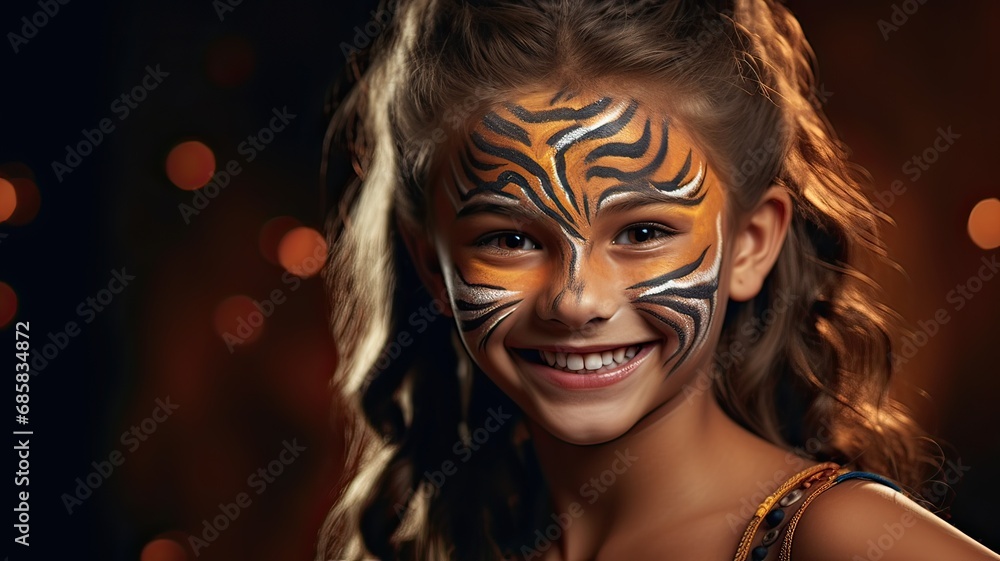 Young Girl Smiling with Tiger Face Paint