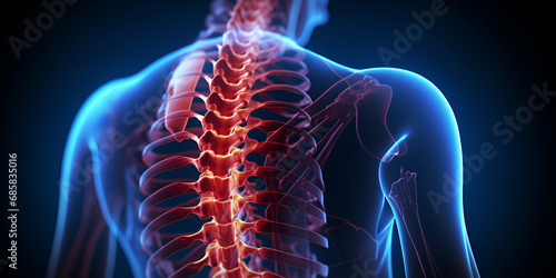  a male body with highlighted spine anatomy on dark background, 3D illustration of neck pain cervical spine skeleton, generative AI