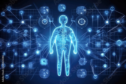 body with code Technology background of Medical network with digital devices