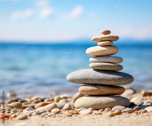 Stone pyramid. Pebbles balance pile  harmony zen stones  balance stack  sea pebble pyramid on shoreline  relaxation