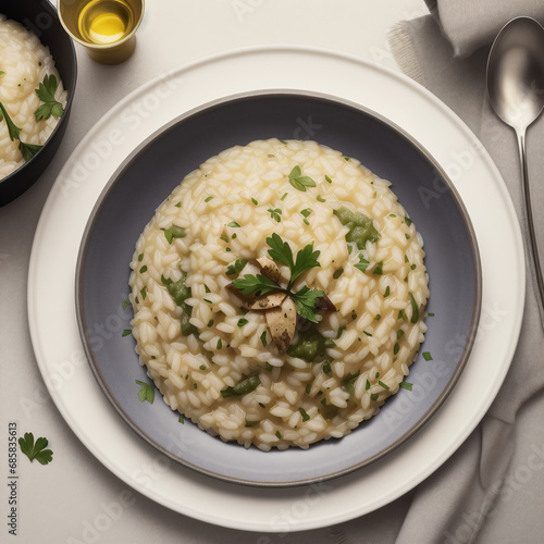 Risotto dish, glass of olive oil on a table with a cloth, Italian cuisine, food, for restaurant menu, cafe