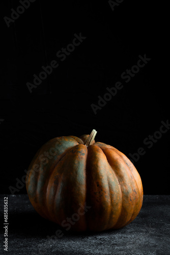 Fresh pumpkin on a dark background. Textured orange pumpkin. Autumn harvest. Ingredient for pumpkin pie.