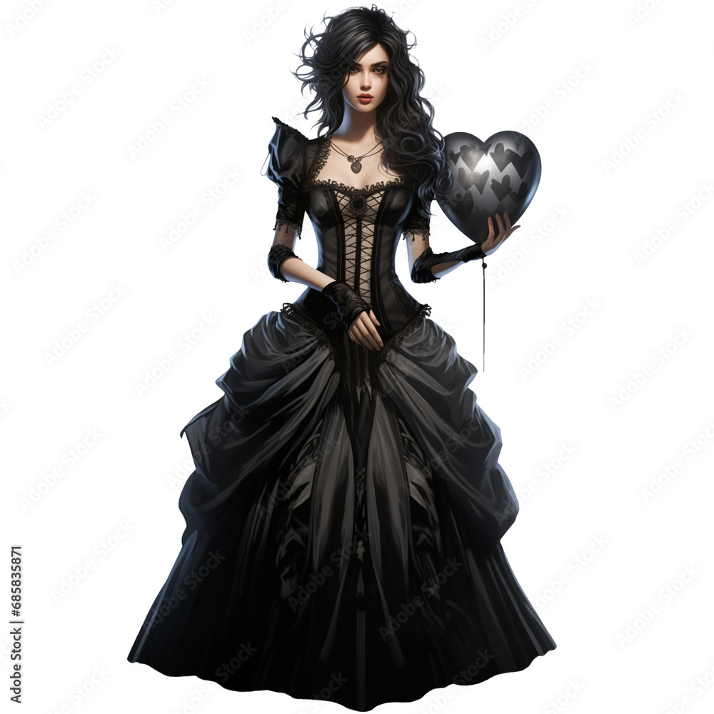 Gothic princess holding a heart air balloon, Valentine’s Day girl in the black dress, Woman in love illustration isolated with a transparent background, fashion design Gothic princess holding a heart air balloon, Valentine’s Day girl in the black dress, Woman in love illustration isolated with a transparent background, fashion design