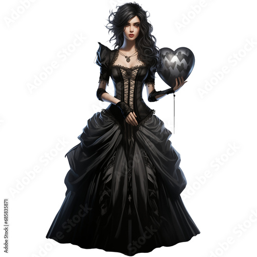 Gothic princess holding a heart air balloon, Valentine’s Day girl in the black dress, Woman in love illustration isolated with a transparent background, fashion design