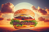 Hamburger with cheese and lettuce during a beautiful sunset