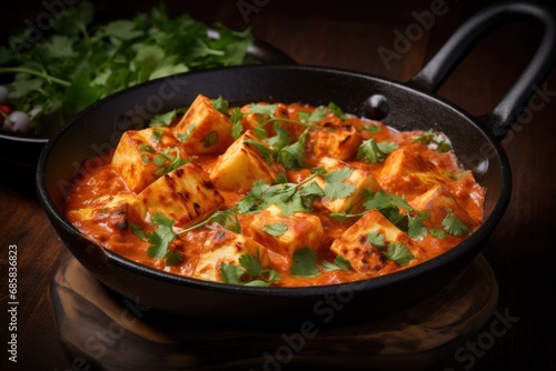 Paneer Tikka Masala in in a black frying pan on a wooden board on dark background. Indian dish