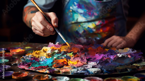Painter hand dips paintbrush in vibrant paint to drawing on canvas, around colorful containers of paint, scene imparts sense of artistic process and blend of colors and ideas, colorful palette