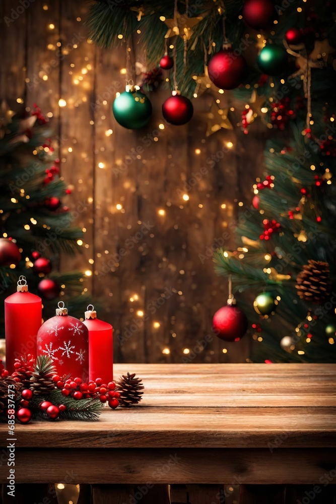 Empty wooden table with christmas theme in background 
