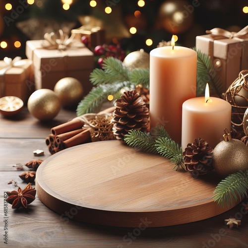  Empty wooden table with christmas theme in background 

