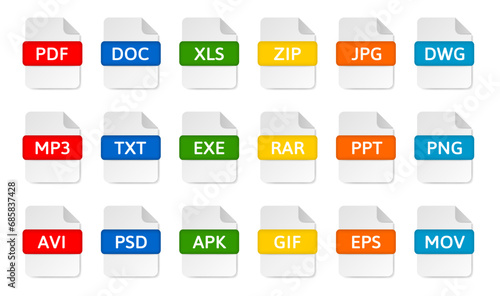 File type icons. Pdf, doc and xls document formats. Zip and jpg file extensions. Mp3, txt, exe, rar and gif files. Avi, mov, apk, eps and png file icons. Dwg drawing, ppt presentation