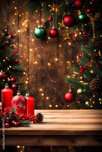  Empty wooden table with christmas theme in background 
