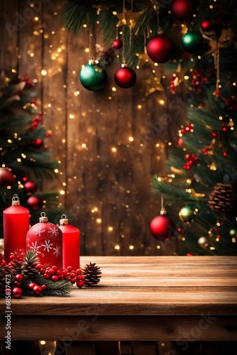  Empty wooden table with christmas theme in background  