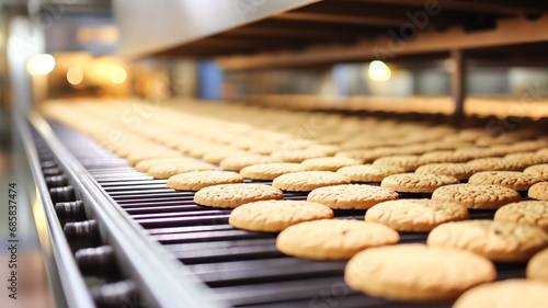 Automated Robotic bakery production line with sweet cookies. Industrial food production plant indoors.
