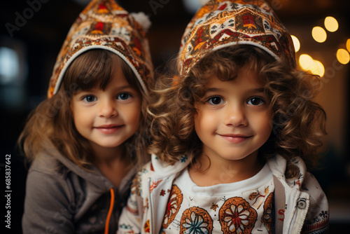 Two young girls with curly hair and patterned hats smiling