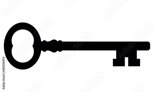 key silhouette, black and white vector illustration of old vintage antique key