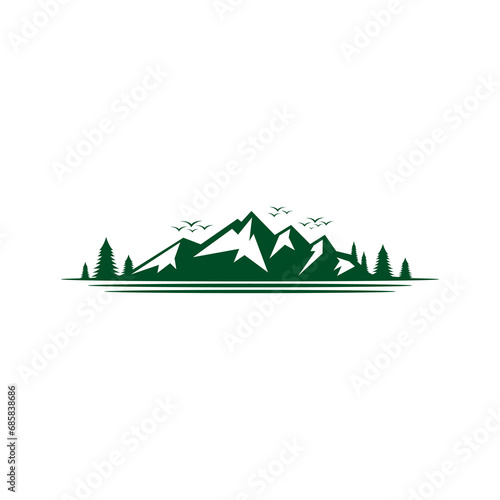 vintage retro clean classic of mountain hill valley peak rocky ice top mount river creek sea ocean landscape nature view silhouette logo design idea