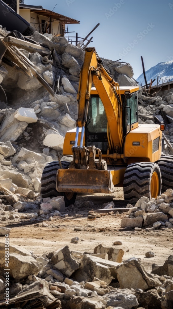 Fototapeta premium Construction equipment removes rubble of stone and concrete on city streets after a devastating earthquake