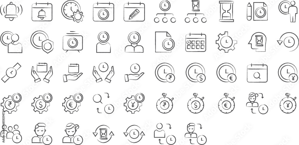 Time management hand drawn icons set, including icons such as Bell, Calendar, Cog, Date, Edit, Plan, Page, and more. pencil sketch vector icon collection
