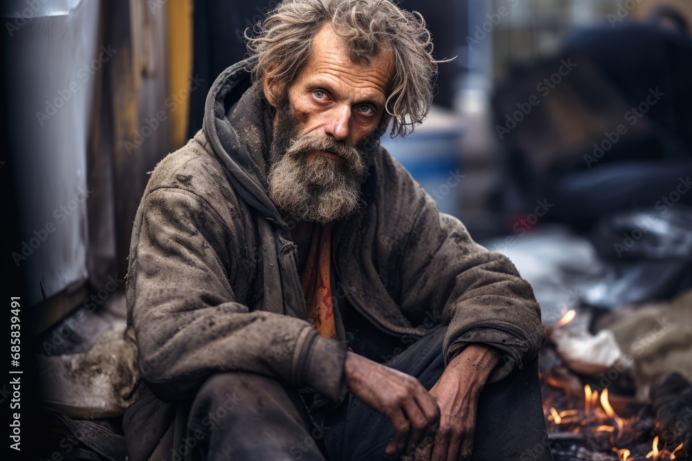 Homeless people close-up on city streets, housing problem Homeless people close-up on city streets, housing problem