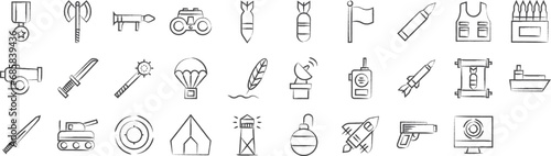 War weapon hand drawn icons set, including icons such as Award,, Bazooka, Bomb, Bow, Bullet, and more. pencil sketch vector icon collection