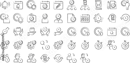 Time management hand drawn icons set, including icons such as Bell, Calendar, Cog, Date, Edit, Plan, Page, and more. pencil sketch vector icon collection