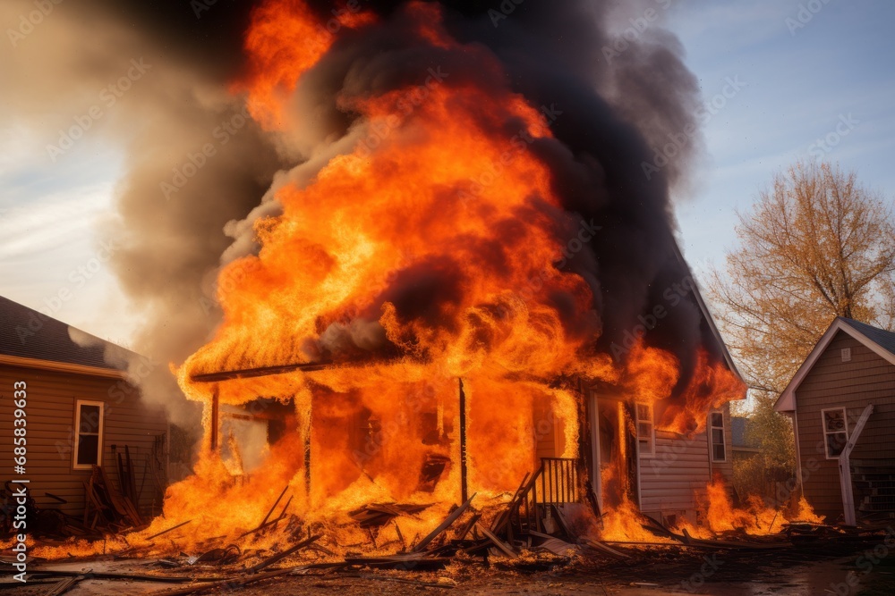 Fire in private house, wooden one-storey house on fire