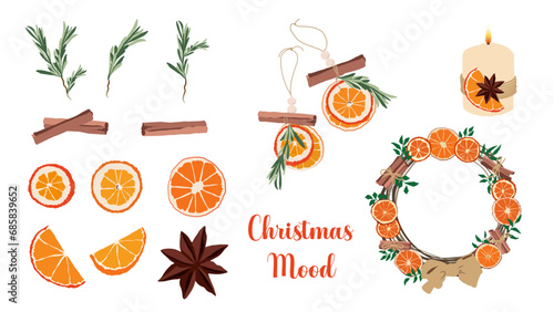 Décoration de Noël, pour une ambiance cosy et chaleureuse, orange et cannelle, couronne de Noël, et saveurs traditionnels