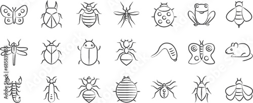 Insects hand drawn icons set, including icons such as Ant, Bed bugs, Bees, Cockroach, Dragonfly, and more. pencil sketch vector icon collection