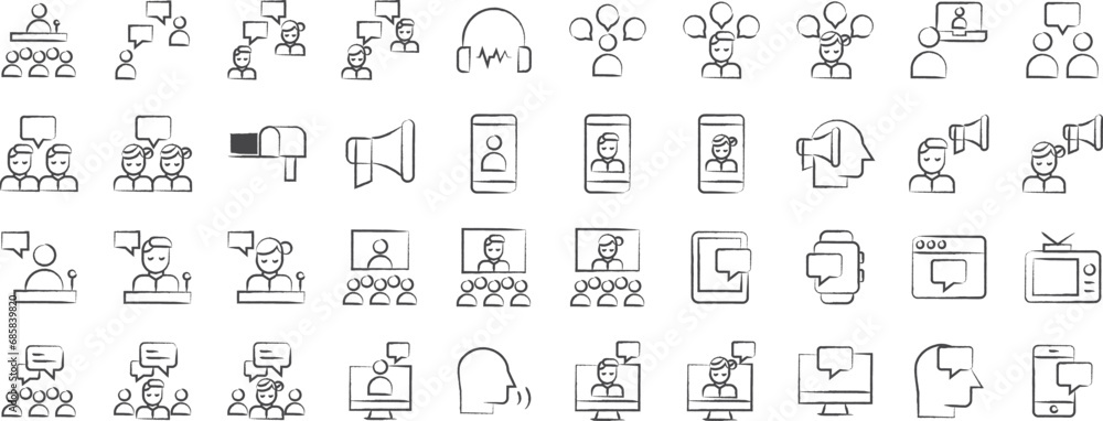 User communication hand drawn icons set, including icons such as chat, User communication, talking, speaking, online, meeting, and more. pencil sketch vector icon collection User communication hand drawn icons set, including icons such as chat, User communication, talking, speaking, online, meeting, and more. pencil sketch vector icon collection