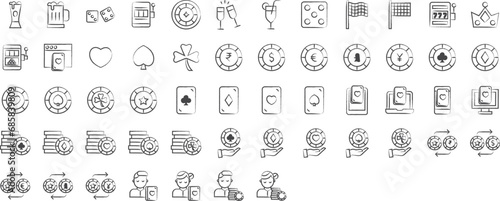 Casino and gambling hand drawn icons set, including icons such as Casino, gambling, game, risk, card game, online rummy, and more. pencil sketch vector icon collection