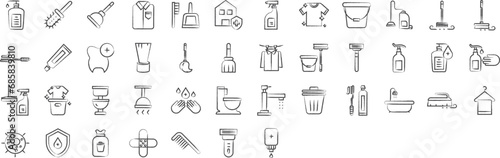 Cleaning hand drawn icons set, including icons such as bathroom, room freshener, bucket, toothpaste, brush, and more. pencil sketch vector icon collection
