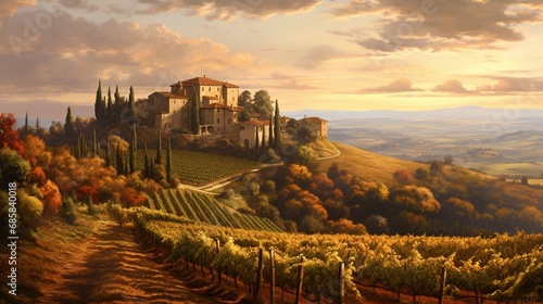 A beautiful painting of an old Italian villa on top of the hill overlooking vineyards and trees in autumn
