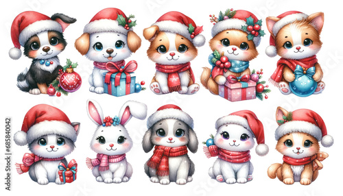 Set of Christmas Cute cartoon pets, kittens and puppies in a hat and scarf with a Christmas decor isolated on white. Cute different animal pets in Christmas hats, watercolor style.