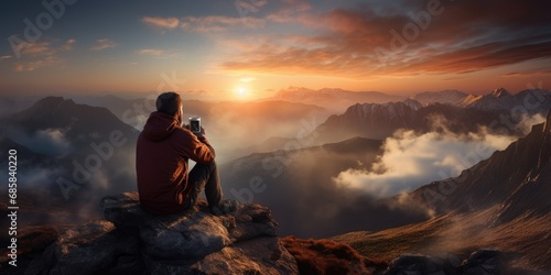 Hiker drinking coffee on a ...