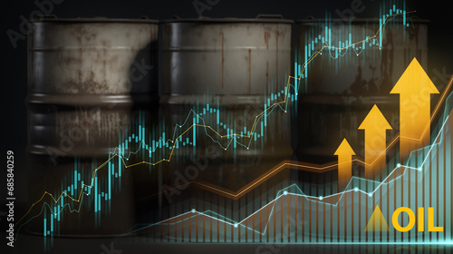 Rusty oil barrels with stock market chart overlay indicating rising oil prices